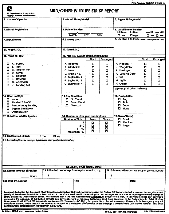 Bird/Other Wildlife Strike Report