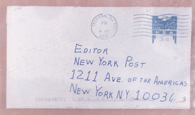 This is an envelope addressed to Editor, New York Post, 1211 Ave. of the Americas, New York, NY, 10036